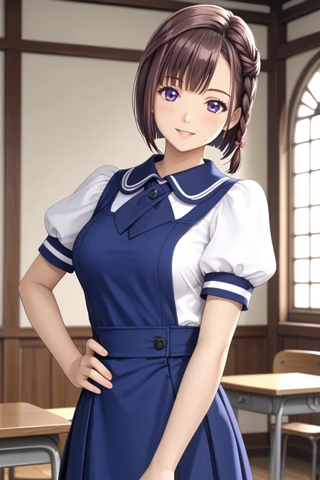 in monastery, (hand on waist, kimura manatsu, short hair, skirt, brown hair, shirt, single side braid hair, bob-cut, standing, school uniform, standing, purple eyes, white shirt, short sleeves, (blue pinafore dress), puffy sleeves, indoors, cowboy shot) 1girl, best quality, cowboy shot, seductive smile, Overall Detail, (slim, looking at viewer, young-adult), large breast, Fix hand <lora:Kimura_Manatsu_ATSK_Pony:1>