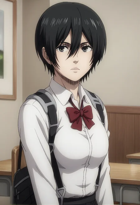 score_9, score_8_up, score_7_up,1girl,source_anime,mikasaPNY ,black hair,short hair,hair between eyes,bangs,detailed face,masterpiece,best quality, wearing a school uniform, <lora:mikasaPNY (2):1>