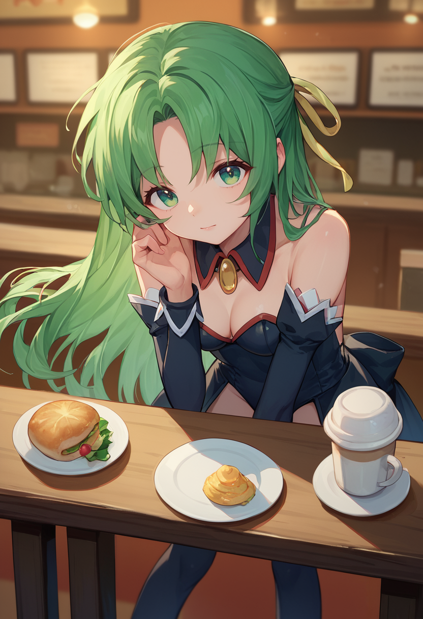 score_9, score_8_up, score_7_up, 1girl, ShiMort, green hair, long hair, green eyes, hair ribbon, detached collar, detached sleeves, black leotard, black thighhighs, black showgirl skirt, bent over, looking at viewer, front view, cafe,   <lora:Shion lorer 4-000007:1>