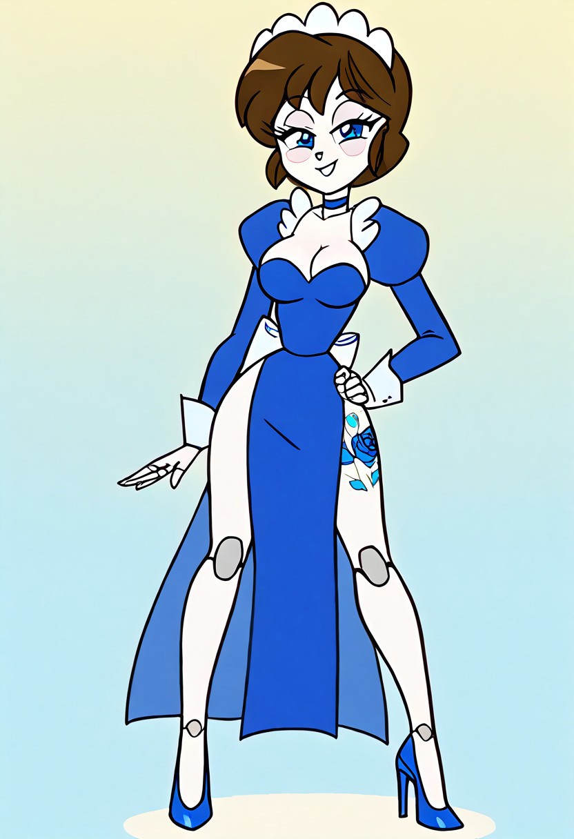 easynegative, Expressiveh, arm-tattoo, arm tattoo, leg-tattoo, leg tattoo, Polly, polly the nandroid, Brown Hair, Short hair, score_9, score_7_up, gradient background, source_cartoon, solo, 1girl, blue eyes, large breasts, ranma-chan, hair blue flower, strapless dress, blue dress, blue choker, gem, pelvic curtain, blue elbow gloves, blue high heels, looking at viewer, smiling, sultry, bedroom eyes, eyelashes, half-closed eyes, head tilt, standing, full body, spread legs, hand on own hip, white skin, pale skin, robot joints, nandroid, nandroid booru, Maid Headpiece