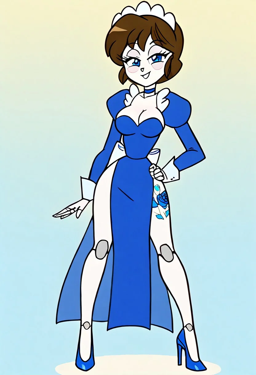 easynegative, Expressiveh, arm-tattoo, arm tattoo, leg-tattoo, leg tattoo, Polly, polly the nandroid, Brown Hair, Short hair, score_9, score_7_up, gradient background, source_cartoon, solo, 1girl, blue eyes, large breasts, ranma-chan, hair blue flower, strapless dress, blue dress, blue choker, gem, pelvic curtain, blue elbow gloves, blue high heels, looking at viewer, smiling, sultry, bedroom eyes, eyelashes, half-closed eyes, head tilt, standing, full body, spread legs, hand on own hip, white skin, pale skin, robot joints, nandroid, nandroid booru, Maid Headpiece