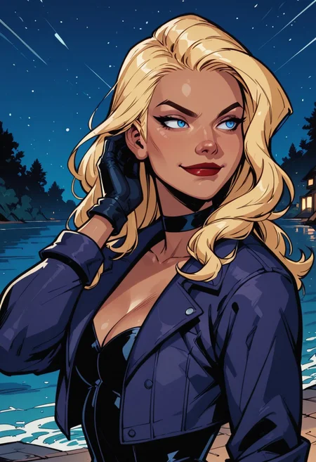 commix style, zPDXL3, PnyCmicXLPOS, detailxl, perspective, portrait, from side, solo, (1girl), woman (BlackCanary), blonde hair, long hair, blue eyes, age 25, standing, looking for the side, sideways glance, smirk, perfect quality, perfect eyes, cropped jacket, purple jacket, black gloves, black choker, hand in own hair, night, sky, shore, lake, outdoors, depth of field