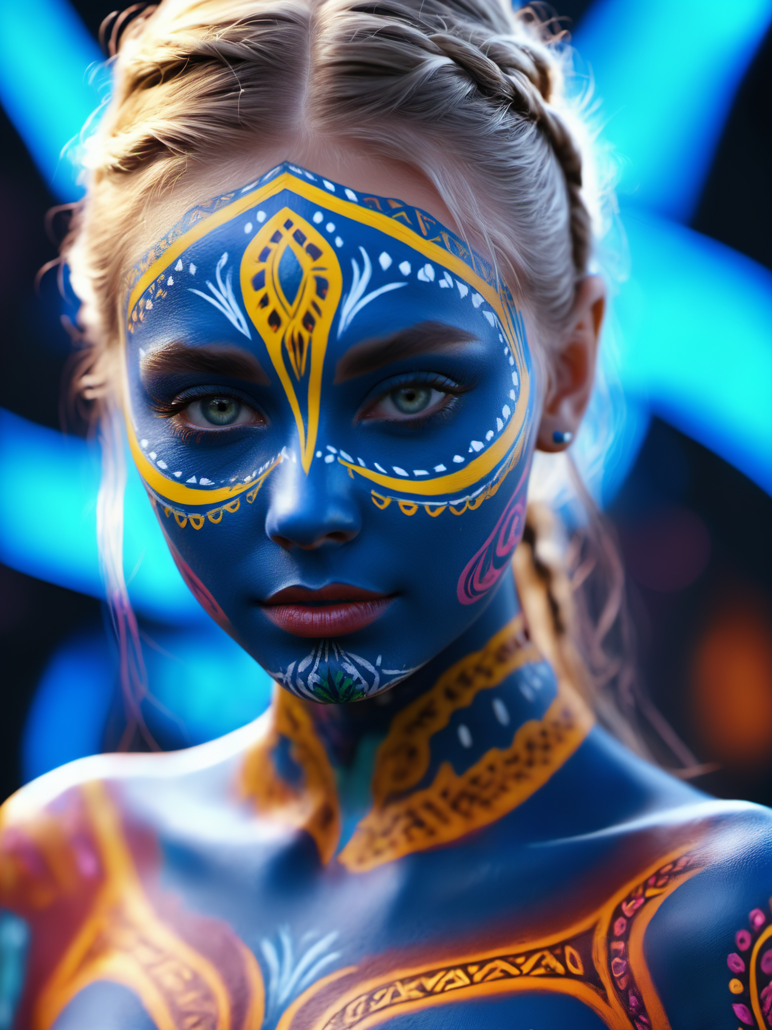 Long exposure photo of young swedish girl wearing bold colored body paint with intricate designs,body canvas art,, Ultra-HD-details, glow effects, godrays, Hand drawn, render, 8k, octane render, cinema 4d, blender, dark, atmospheric 4k ultra detailed, cinematic, Sharp focus, big depth of field, Masterpiece, colors, 3d octane render, 4k, concept art, trending on artstation, hyperrealistic, Vivid colors, extremely detailed CG unity 8k wallpaper, trending on CGSociety, Intricate, High Detail, dramatic . Blurred motion, streaks of light, surreal, dreamy, ghosting effect, highly detailed