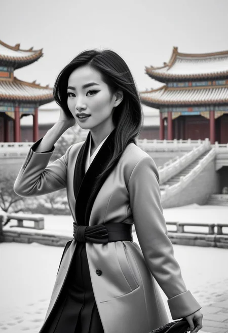 Ultra Realistic, Mulan, elegant, adjusting hair, classy scottish scarf, flirty, walking on snowy streets in Forbidden city in China, B&W picture