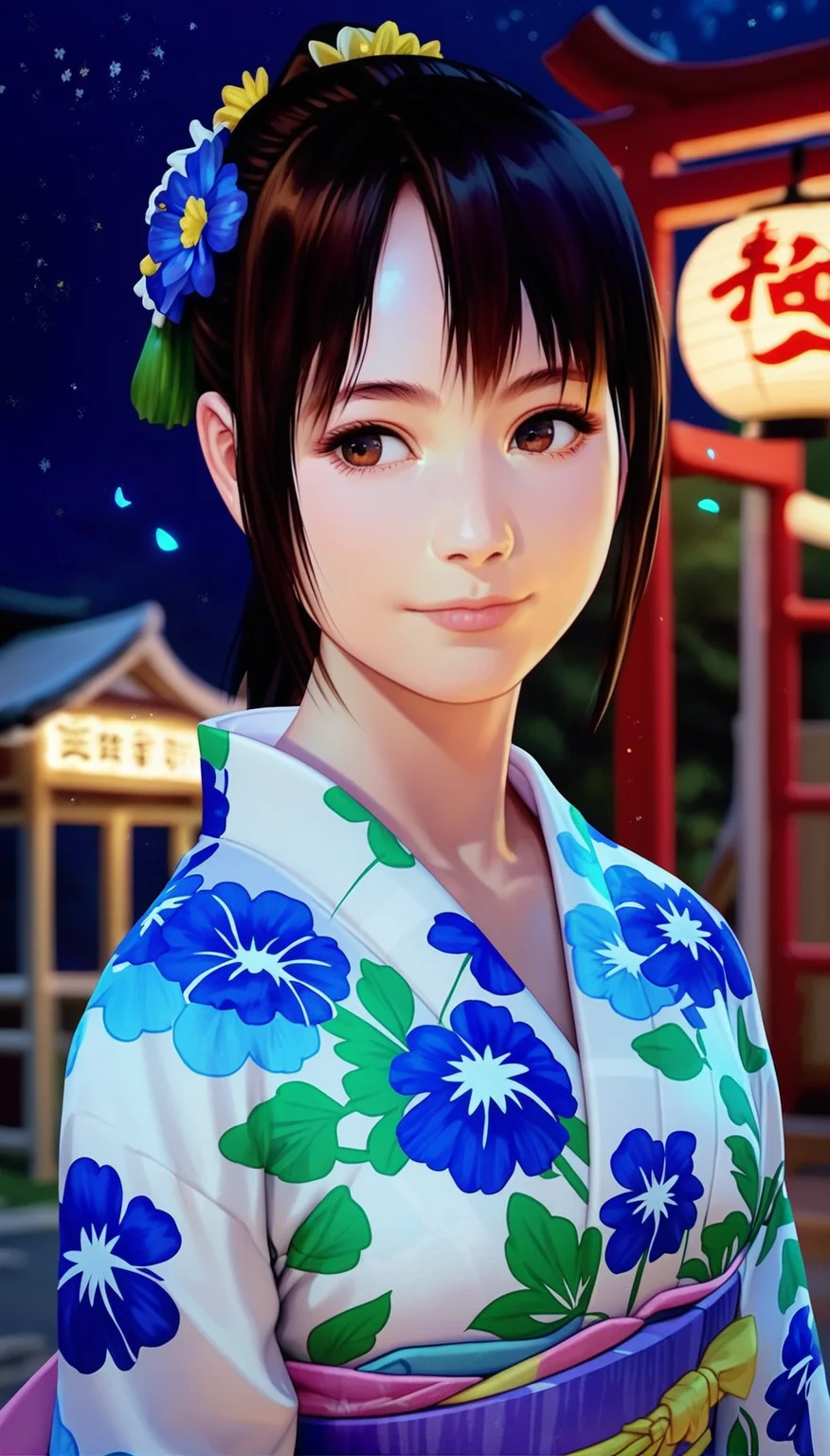 score_9,score_8_up,score_7_up,<lora:MiiyamotoHikari>,
miiyamotohikari,
highres,bloom,Volumetric Lighting,photorealism,
1girl,solo,black hair,ponytail,bangs,brown eyes,hair flower,looking ahead,kimono,yukata,floral print,smile,upper body,blurry background,simple background,outdoors,night,dark,starry sky,light particles,