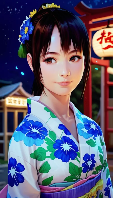 score_9,score_8_up,score_7_up,<lora:MiiyamotoHikari>,
miiyamotohikari,
highres,bloom,Volumetric Lighting,photorealism,
1girl,solo,black hair,ponytail,bangs,brown eyes,hair flower,looking ahead,kimono,yukata,floral print,smile,upper body,blurry background,simple background,outdoors,night,dark,starry sky,light particles,