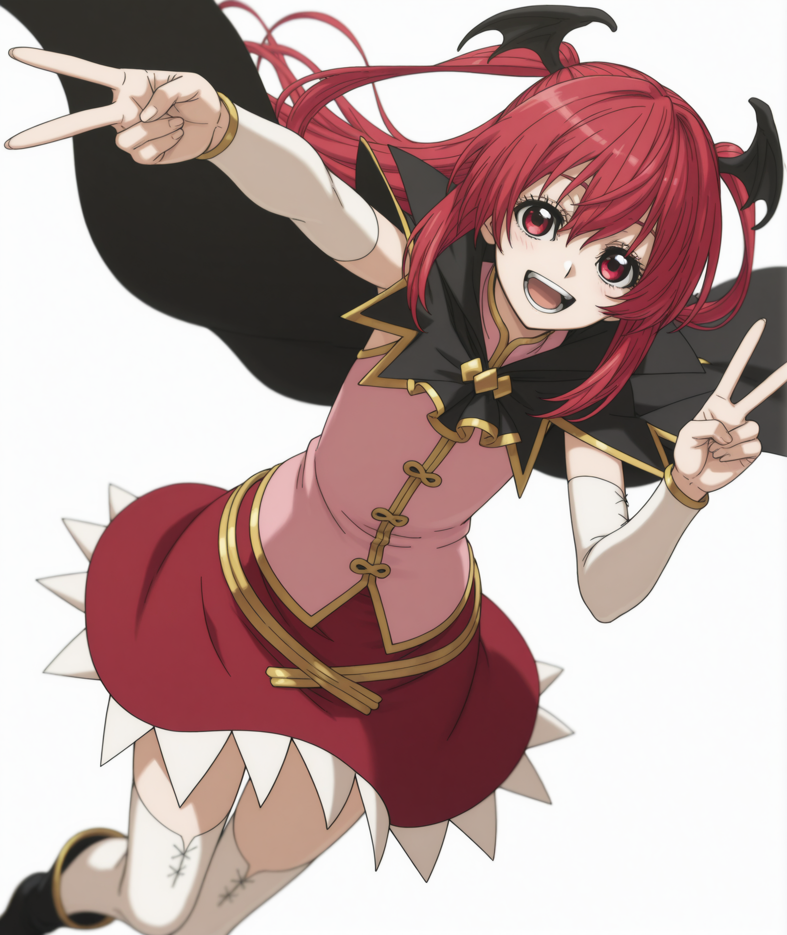 official art, absurdres, highres, anime coloring, hi res, best quality, masterpiece, 2d, intricate details, 4k,
1girl, female, smile, open mouth, :d, long hair, red eyes, red hair, wings, head wings,
skirt, red skirt, thighhighs, boots, detached sleeves, cape, white thighhighs, zettai ryouiki,
upper body, double v, v, v sign,
depth of field, white background, <lora:Angelica_Diarmuit_ILXL:1>, shinmai ossan bokensha, angelica diarmuit,