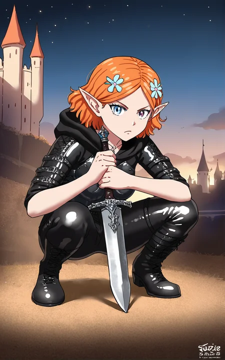 score_9_up, source_cartoon, suzieq, 1girl, orange hair, solo. hair ornament, flower, hair flower, short hair, blue eyes,heterochromia, hairclip, elf ears. leather armor. holding. dagger. serious. night. castle. crouching. hood. leather pants.