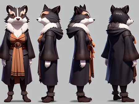 highly detailed Full body Character turnaround of a evil badger mage. front, side, back,  multiple views of the same character.  charturner. Subsurface scattering, rimlight, pouches and herbs. Highly detailed soft clumpy fur, art by smoose2