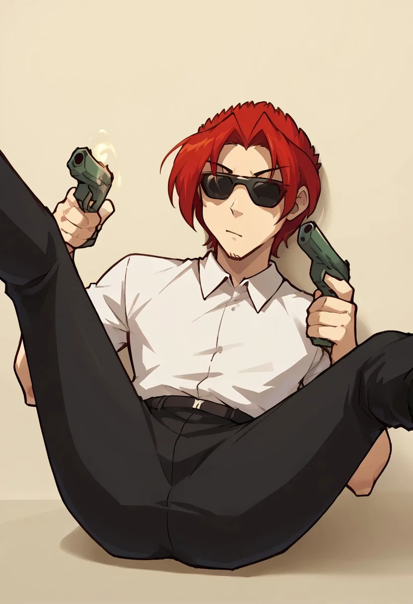 score_9, score_8_up, score_7_up, source_anime, BREAK 
red-twokinds,
f1lthy9uns, lying on back, legs up, spread legs, holding weapons, holding gun, handgun, dual wielding, holding object, holding, white shirt, black sunglasses, black pants
