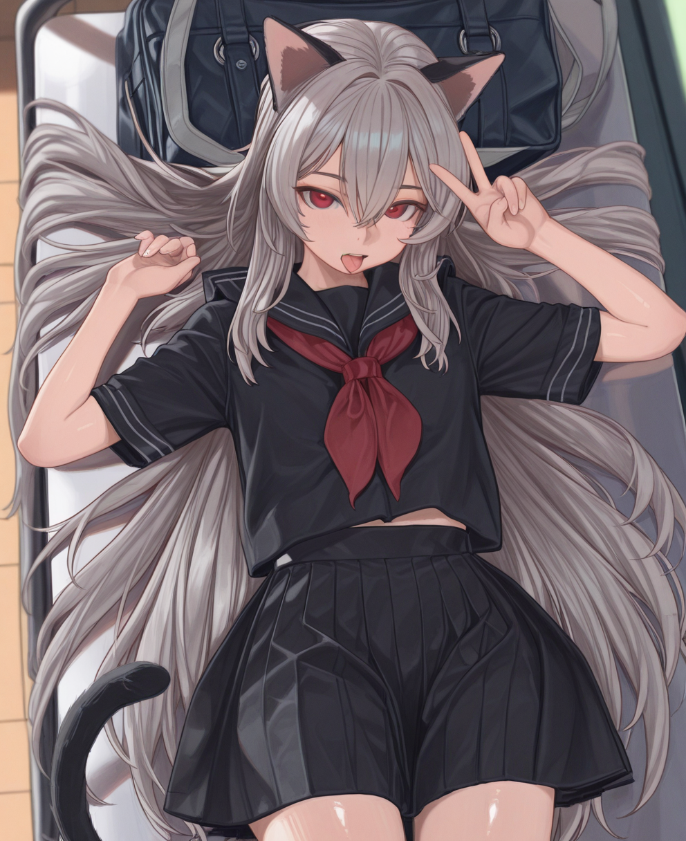 <lora:naruto05:1> naruto05,
(masterpiece), (best quality), (ultra-detailed), amazing quality, very aesthetic, illustration, perfect composition, intricate details, absurdres, incredibly absurdres, shiny skin, realistic,
 naruto05, 1girl, long hair, grey hair, solo, school uniform, animal ears, red eyes, skirt, serafuku, looking at viewer, on back, lying, cat ears, sailor collar, very long hair, pleated skirt, neckerchief, tail, shirt, , open mouth, down, black shirt, red neckerchief, short sleeves, cat tail, black skirt, hair between eyes, v, hair spread out, tongue, blue eyes, sensitive