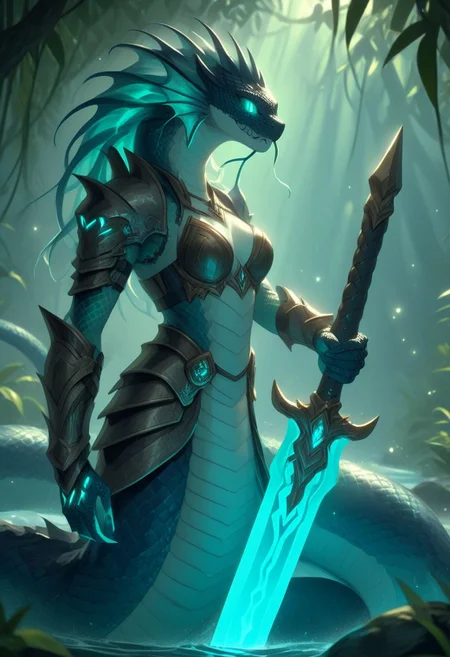 Naga,  holding a Glowing Rune Sword, glowing rune armor,