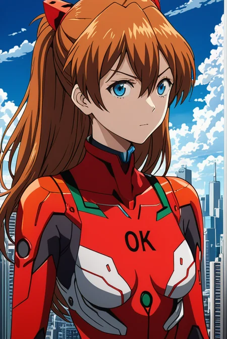 masterpiece, best quality, highres, 4k, 8k, intricate detail, cinematic lighting, amazing quality, amazing shading, soft lighting, Detailed Illustration, anime style,
asukalangley, <lora:asuka_langley_soryuu-sdxl-lora-nochekaiser:0.75>,
asuka langley soryu, long hair, bangs, blue eyes, brown hair, hair ornament, bodysuit, pilot suit, plugsuit, red bodysuit, interface headset,
outdoors, city, cityscape, sky, sun, clouds,
looking at viewer, cowboy shot,