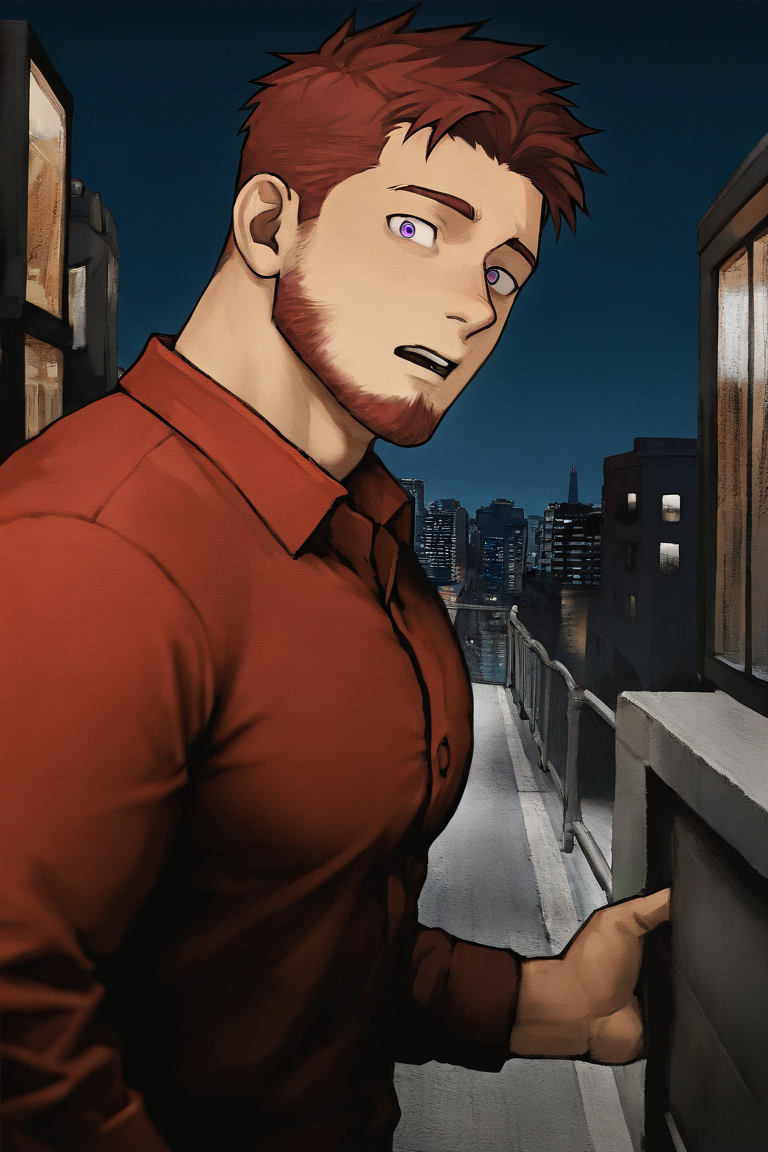 masterpiece, best quality, highres, newest, 1boy, bara, solo, male focus, mature male, short hair, red hair, purple eyes, looking at viewer, upper body, surprised, raised eyebrows, open mouth, standing, red collared shirt, lond long sleeves, outdoors, city, building, night, night sky <lora:OIS - Bara Style 2 [LoRA] - NoobAI-XL EPS 1.0:0.7>