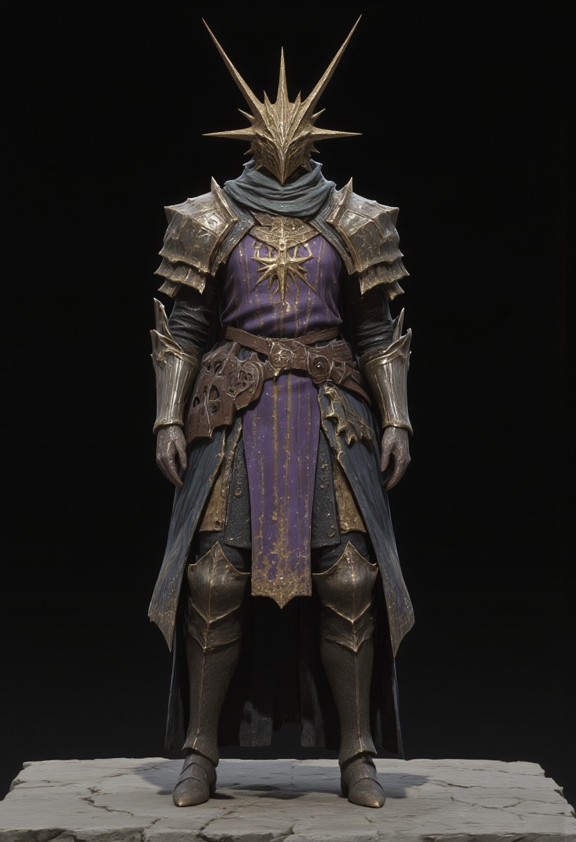 A warrior wearing buckly  distinctive brutalist forms armor crafted from mithril - The armor showcases the characteristic iridescent patterns and vibrant colors of mithril , with deep dark purple and earthy gray creating natural striped patterns across the chest piece and leg guards. Heavy pauldrons and a Norman helmet with thick neck guard provide additional protection, while the overall silhouette remains 
 imposing. The armor is complemented by mithril pants and brutalist imposing heavy boots at the base. 
Standing on a flat gray ground and black background, the camera angle is high rotated at a 45 degree angle Set against a solid dark black color background to emphasize its unnatural form that emphasizes its silhouette. The medium is not a traditional painting or illustrative medium like watercolor or ink but rather a digital 3D rendering. 
MikeFranchinastyle, bbstyle,, horror theme,, ZBClay model of a gray sculpture, zbrush, d4arks0uls, overcast lighting