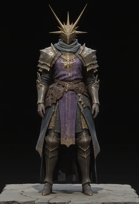 A warrior wearing buckly distinctive brutalist forms armor crafted from mithril - The armor showcases the characteristic iridescent patterns and vibrant colors of mithril , with deep dark purple and earthy gray creating natural striped patterns across the chest piece and leg guards. Heavy pauldrons and a Norman helmet with thick neck guard provide additional protection, while the overall silhouette remains
imposing. The armor is complemented by mithril pants and brutalist imposing heavy boots at the base.
Standing on a flat gray ground and black background, the camera angle is high rotated at a 45 degree angle Set against a solid dark black color background to emphasize its unnatural form that emphasizes its silhouette. The medium is not a traditional painting or illustrative medium like watercolor or ink but rather a digital 3D rendering.
MikeFranchinastyle, bbstyle,, horror theme,, ZBClay model of a gray sculpture, zbrush, d4arks0uls, overcast lighting