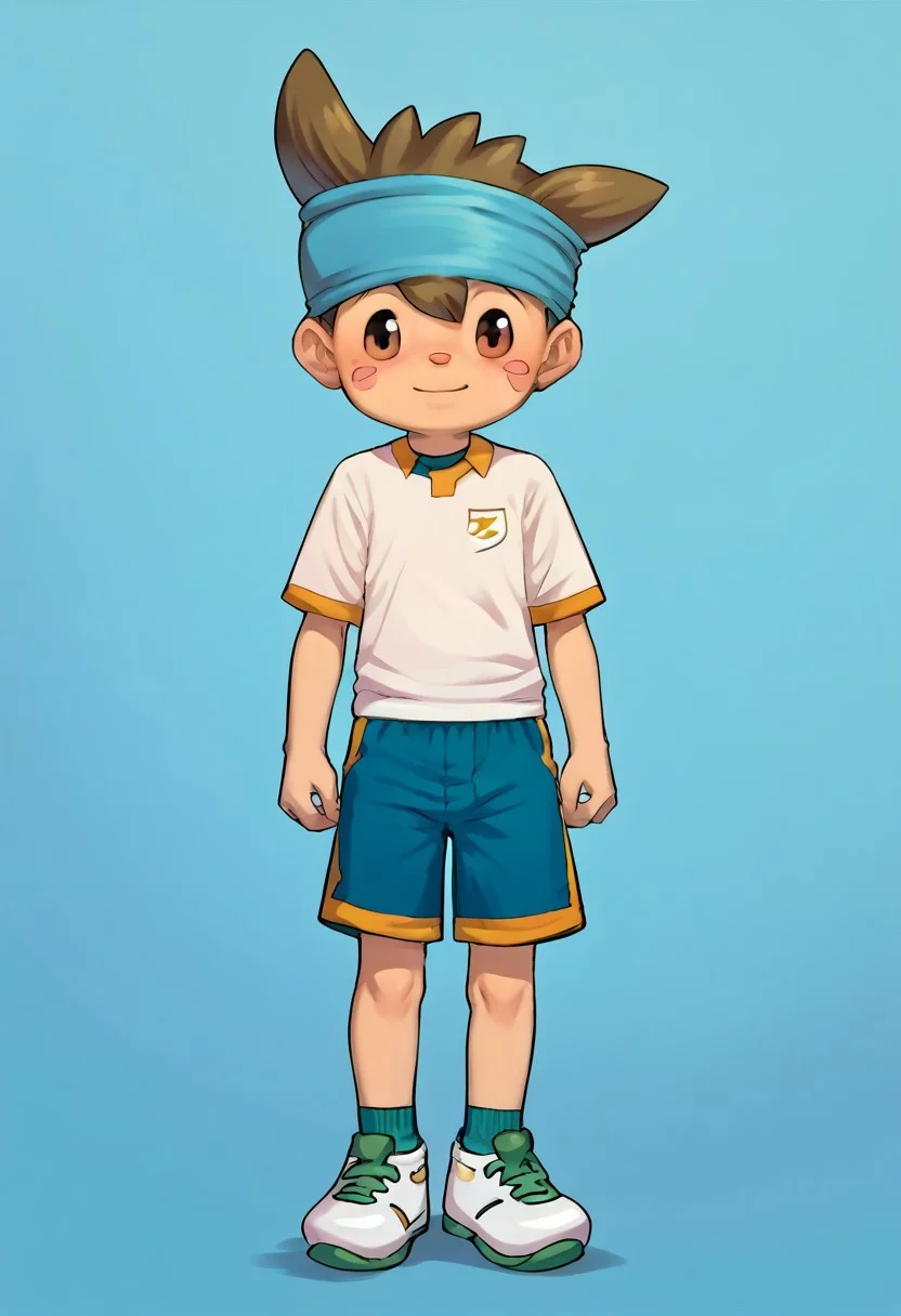score_9, score_8_up, score_7_up, source_anime, highly detailed, young, 1boy, solo, cute boy, nishizonoshinsuke, brown eye, brown hair, spike hair, pink blush marks, small nose, headband, sportswear, soccer uniform