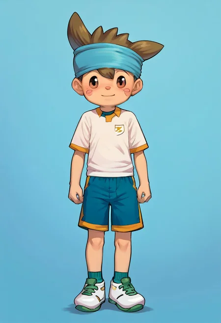 score_9, score_8_up, score_7_up, source_anime, highly detailed, young, 1boy, solo, cute boy, nishizonoshinsuke, brown eye, brown hair, spike hair, pink blush marks, small nose, headband, sportswear, soccer uniform
