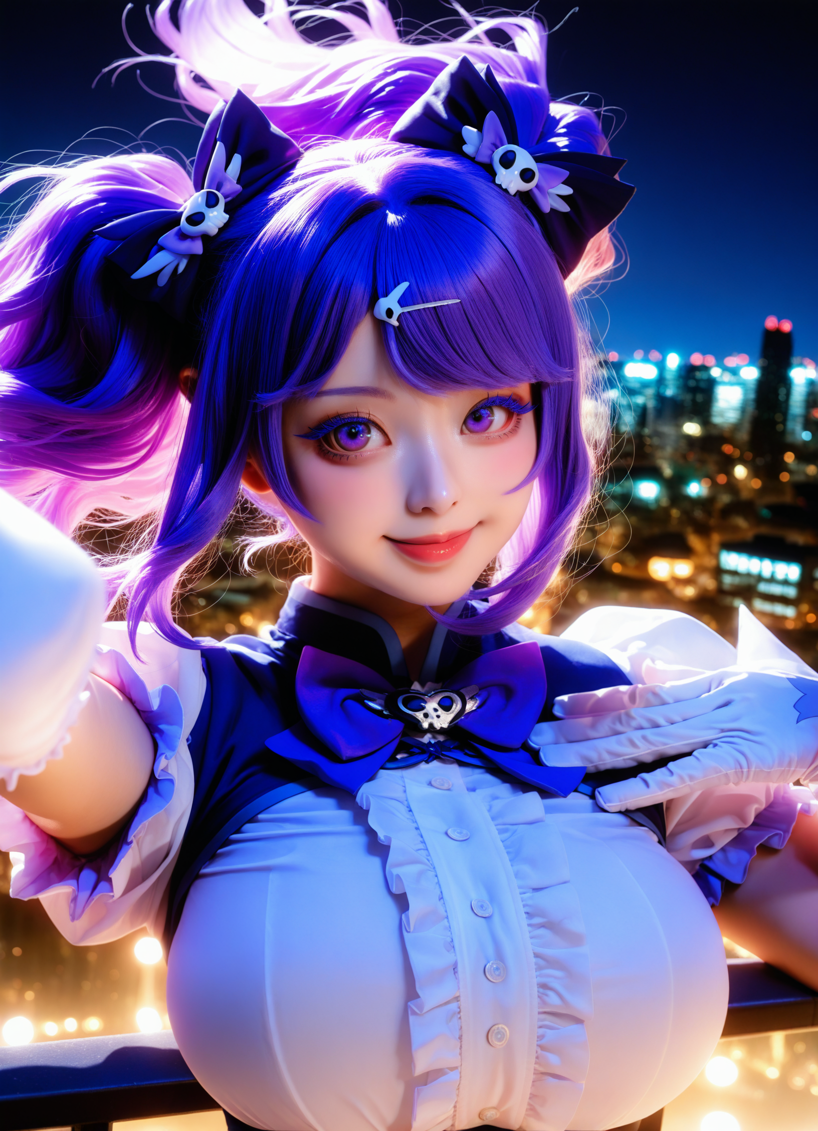 1girl,
Lanmei haoxiongdi,<lora:lanmeinoob-000014:0.8>,(realistic:1.1),(cosplay:1.05),
twintails,purple hair,Purple eyelashes,solo,perfect face,realistic skin,cute,bedutiful eyes,magical girl,bow,gloves,white gloves,purple bow,white shirt,skull hair ornament,looking at viewer,hair ornament,large breasts,slender waist,black bow,hair bow,dress,frills,
(night:1.2),city lights,cityscape,depth of field,(evening:1.1),gradient sky,lens flare,skyline,skyscraper,star,smile,floating hair,outdoors,rooftop,
portrait,close-up,
masterpiece,best quality,very aesthetic,absurdres,movie vibe,8k,RAW photo,(photo-realistic:1.1),soft lighting,perfect composition,<lora:add-detail-xl:1>,<lora:ClearHand-V2:1>,<lora:DetailedEyes_V3:1>,