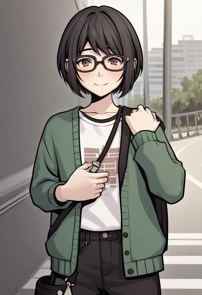 score_4,score_5,score_6,score_7_up,score_8_up,score_9 ((masterpiece,best quality,ultra detailed,highres,HD,4k:1.2)),
1 girl,solo,face focus,solo focus,
upper body,
black hair,short hair,bob cut,bangs,glasses,brown eyes,
green sweater,open clothes,white shirt,long shirt,shoulder bag,black pants,sneakers,
sibuya,city,outdoors,
looking at viewer,shy,smile,blush,closed mouth,