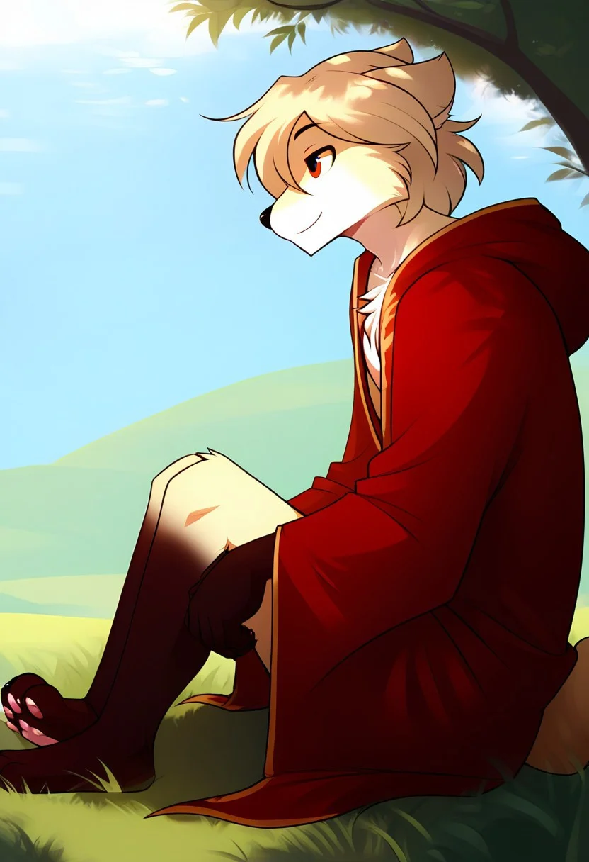score_9, score_8_up, score_7_up, score_6_up, source_furry, rating_explicit, solo, solo focus, male, 1boy, sitting under a birch tree, birch, in the field, outdoors, The black and red robe, kind expression, kind little smile, Looking into the distance, clovis-twokinds detailed, five fingers, side view, side side, fluffy tail, legs together, cute paws, (((perfect body, perfect hands, perfect legs, perfect eyes, perfect face, perfect fur, perfect anatomy)))