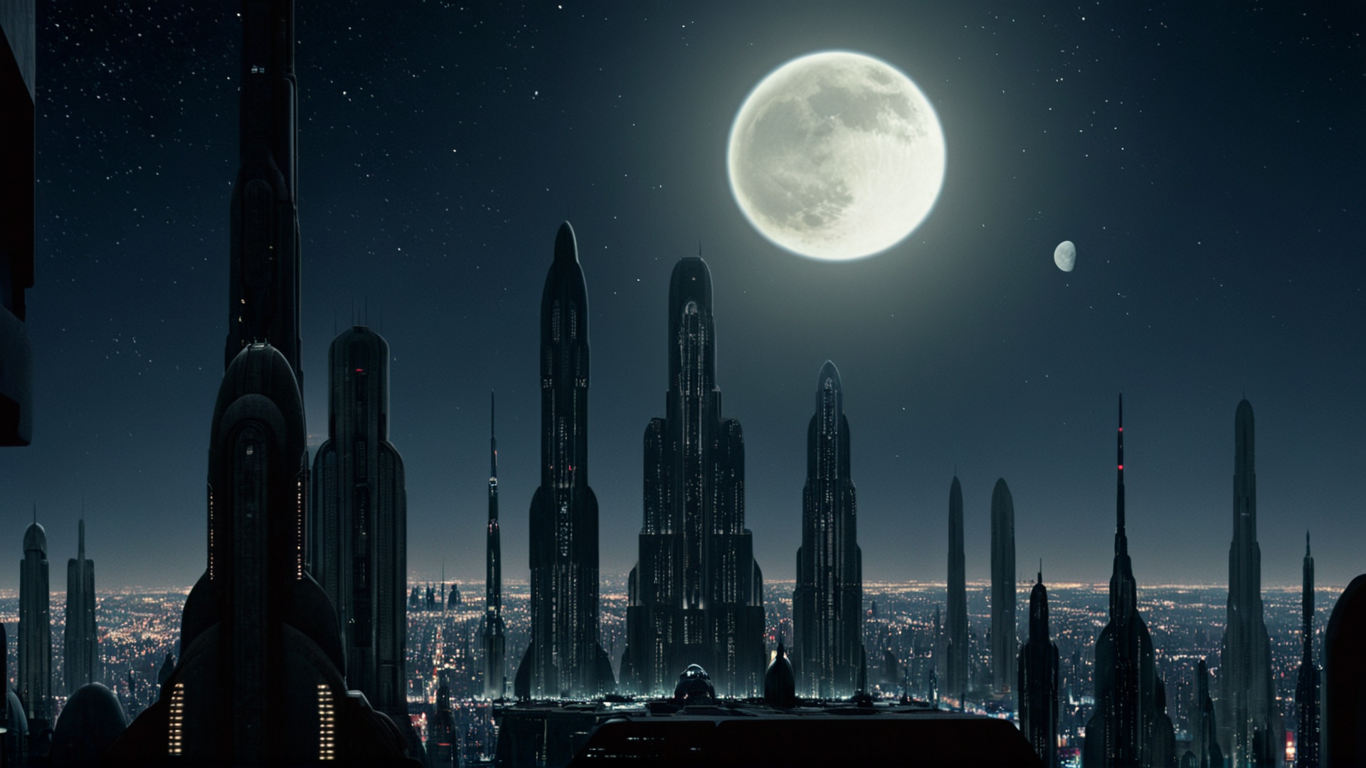 cinematic film still of  <lora:star wars style:0.2>
<lora:detailed:0.4> detailed
<lora:perfection style:0.4> perfect
<lora:PerfectEyesXL:0.5>
 <lora:Chiaroscuro Lighting Style:0.3>
 <lora:Coruscant:0.9>
Coruscant a futuristic city with a moon in the sky,in star wars style,outdoors,sky,no humans,night,moon,building,star (sky),night sky,scenery,starry sky,science fiction,city,cityscape,planet,skyscraper,city lights, shallow depth of field, vignette, highly detailed, high budget, bokeh, cinemascope, moody, epic, gorgeous, film grain, grainy