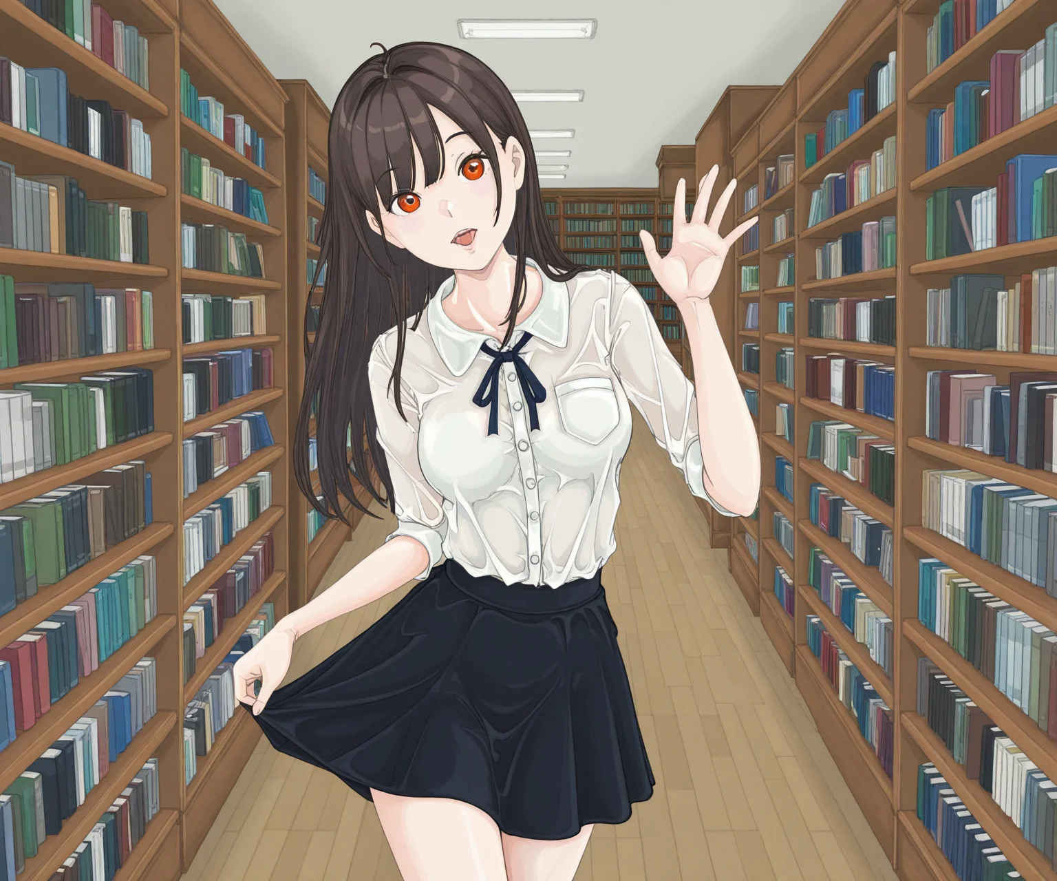 masterpiece, best quality, amazing quality, sfw, 1girl, solo, looking at viewer, shirt, , skirt, library, open mouth <lora:Bunr18 style ILL:1> bunr18_style
