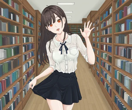 masterpiece, best quality, amazing quality, sfw, 1girl, solo,  looking at viewer,  shirt, , skirt, library,   open mouth <lora:Bunr18 style ILL:1> bunr18_style