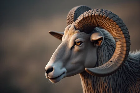 A close-up profile of a regal ram, showcasing the intricate curves of its massive, spiraling horns. The fine texture of its fur is visible, each strand reflecting the soft, golden light of dusk. Its eye is sharp and intense, exuding wisdom and strength. The background is softly blurred, drawing full attention to the ramâs proud, weathered face, while subtle highlights accentuate the grooves and ridges of its horns. The atmosphere feels calm yet powerful, as the ram stands as a symbol of resilience and majesty against a backdrop of muted, earthy tones.