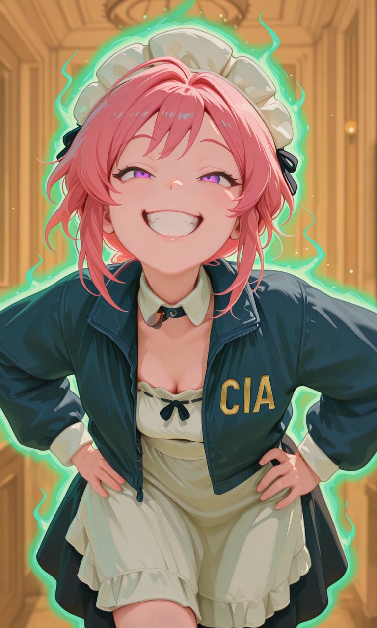 embedding:IllusP0s, g00se, 1girl, purple eyes, pink hair, cia jacket, green aura, glowing, hands on hips, leaning forward, grin, french maid outfit, solo, 1girl,<lora:g00se_v2_ill.safetensors:1.0:1.0> <lora:CivChan.safetensors:0.7:0.7> <lora:cia_jacket_green_aura.safetensors:1.0:1.0>