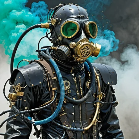 Blame! by Tsutomu Nihei steampunk cyborg, black oil splatter, is flying through a void of blue, golden plated cables everywhere, translucent gas mask head, pipes in background, black smoke, green everywhere, steam everywhere, steam everywhere, titanium everywhere, electric everywhere, easynegative, ng_deepnegative_v1_75t