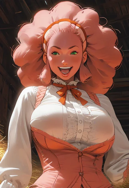 score_7_up, source_anime, uncensored, BREAK,((pink skin)), ((solo)),
PMLenora, green eyes, big hair, afro, hairband, large breasts,
((bimbo)), ((pink skin)), standing, laughing, breast squeeze, glossy skin, barn background, barn, stall, hay in background, steel horizontal bars,giver pov