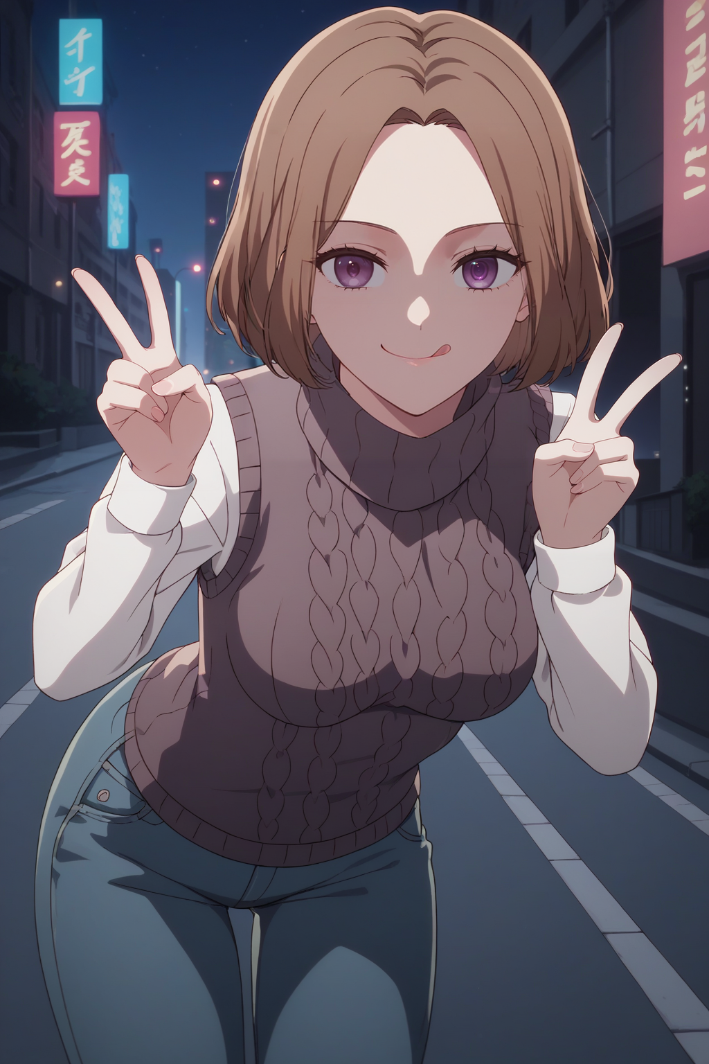 sscore_9, score_8_up, score_7_up, source_anime, 1girl, prefect lighting, very aesthetic, intricate details, highly detailed background, masterpiece, high quality, prefect hands, best quality, solo, 
<lora:Yoriko_Kichijouji_Oshi_No_Ko_V1:.85>, KJOyoriko, brown hair, purple eyes, medium hair, forehead, 
turtleneck sweater vest, white long sleeves, jeans, 
standing, double peace sign, closed mouth,  tongue out, smirk, smug, leaning forward,
sunny, street, night, city lights,
(Beautiful, medium Breasts:1.2), natural breasts,