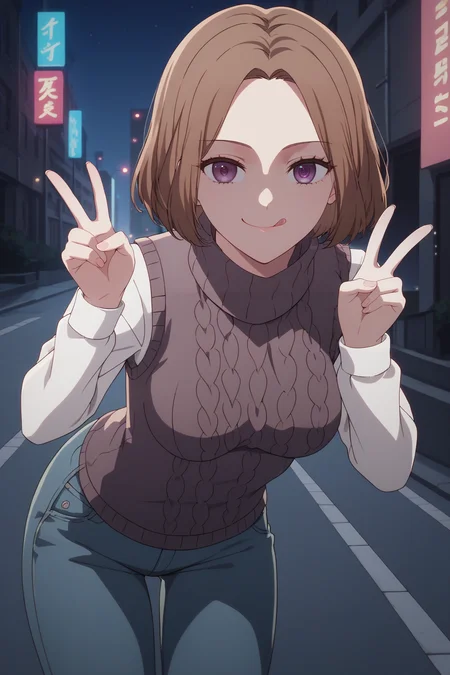 sscore_9, score_8_up, score_7_up, source_anime, 1girl, prefect lighting, very aesthetic, intricate details, highly detailed background, masterpiece, high quality, prefect hands, best quality, solo, 
<lora:Yoriko_Kichijouji_Oshi_No_Ko_V1:.85>, KJOyoriko, brown hair, purple eyes, medium hair, forehead, 
turtleneck sweater vest, white long sleeves, jeans, 
standing, double peace sign, closed mouth,  tongue out, smirk, smug, leaning forward,
sunny, street, night, city lights,
(Beautiful, medium Breasts:1.2), natural breasts,