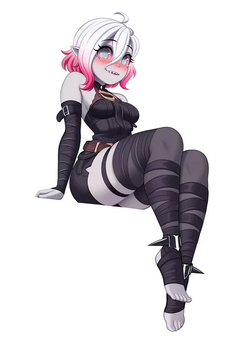 masterpiece,best quality,amazing quality, BREAK, BriarLoLILXL, grey skin, colored skin, no pupils, grey eyes, pink sclera, white hair, pink hair, two-tone hair, gradient hair, short hair, hair between eyes, ahoge, pointy ears, sharp teeth, medium breasts, bare shoulders, black thight dress, detached sleeves, black bandaged sleeves, black shorts, belt, (black bandaged legwear), toeless legwear, (solo), sitting, ((bellow view)), looking at viewer, seductive smile, naughty face, nose blush, white background, simple background <lora:BriarLoLILXL:1>, SaymanStyleILXL <lora:SaymanStyleILXL:1>