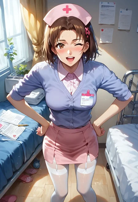 score_9, score_8_up, score_7_up, 1girl, extreme detail, solo, standing, looking at viewer, thigh gap, sexy legs, three quarter picture, pantyhose, legs apart, perfecteyes, garter belt, hospital, inside, hospital setting, hospital bed, hands on hips, happy, open mouth, wink, view from above, petite, skinny, slim, small breasts, Nijihara_Yayoi,1girl, brown hair, brown eyes, nurse cap, pink shirt, nurse, blush, pink skirt, purple cardigan, impossible_shirt, white pantyhose, pencil skirt
