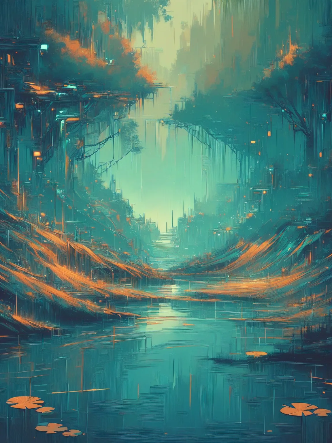 score_9, score_8_up, score_7_up, dusk in lush forest, small pond, cyberpunk <lora:Neon_Cyberpunk_Impressionism_Pony:1>