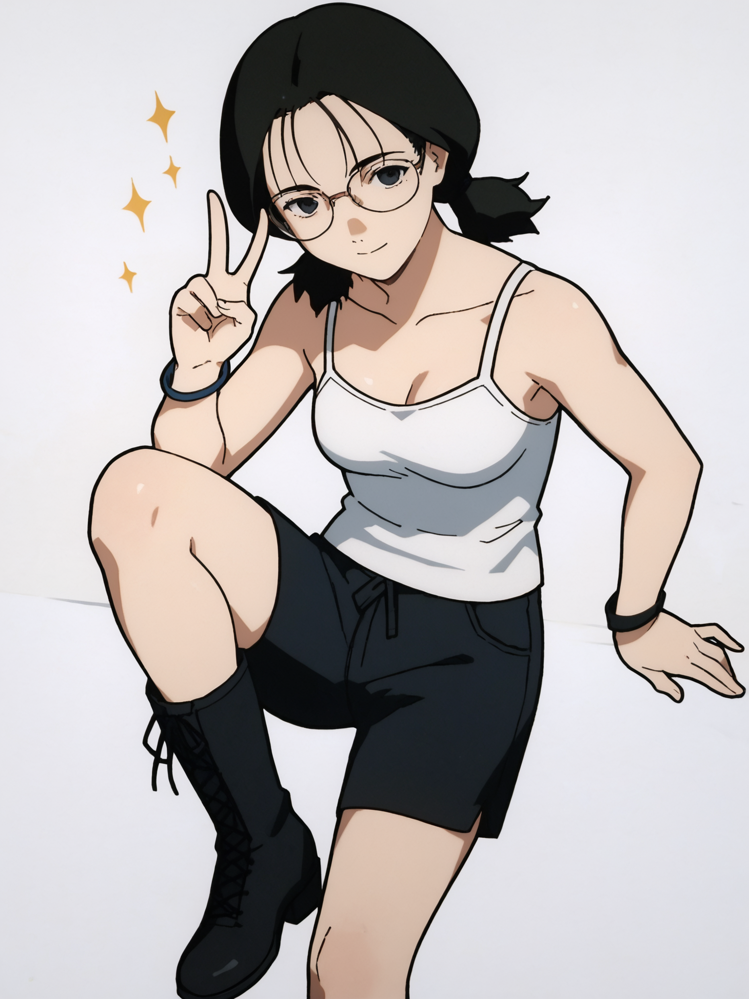 woman, 20 y/o, 20 year old, 20 year old woman, adult:1.2, score_9, score_8_up, score_7_up, score_6_up, score_5_up, BREAK masterpiece, high quality, white background, solo, <lora:Yomoda_Chisa_PDXLv1-e89:0.8> yomoda chisa, glasses, white camisole, black shorts, long black boots, bracelet, v:1.2, short hair,