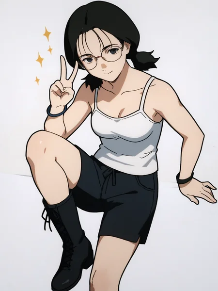 woman, 20 y/o, 20 year old, 20 year old woman, adult:1.2, score_9, score_8_up, score_7_up, score_6_up, score_5_up, BREAK masterpiece, high quality, white background, solo, <lora:Yomoda_Chisa_PDXLv1-e89:0.8> yomoda chisa, glasses, white camisole, black shorts, long black boots, bracelet, v:1.2, short hair,