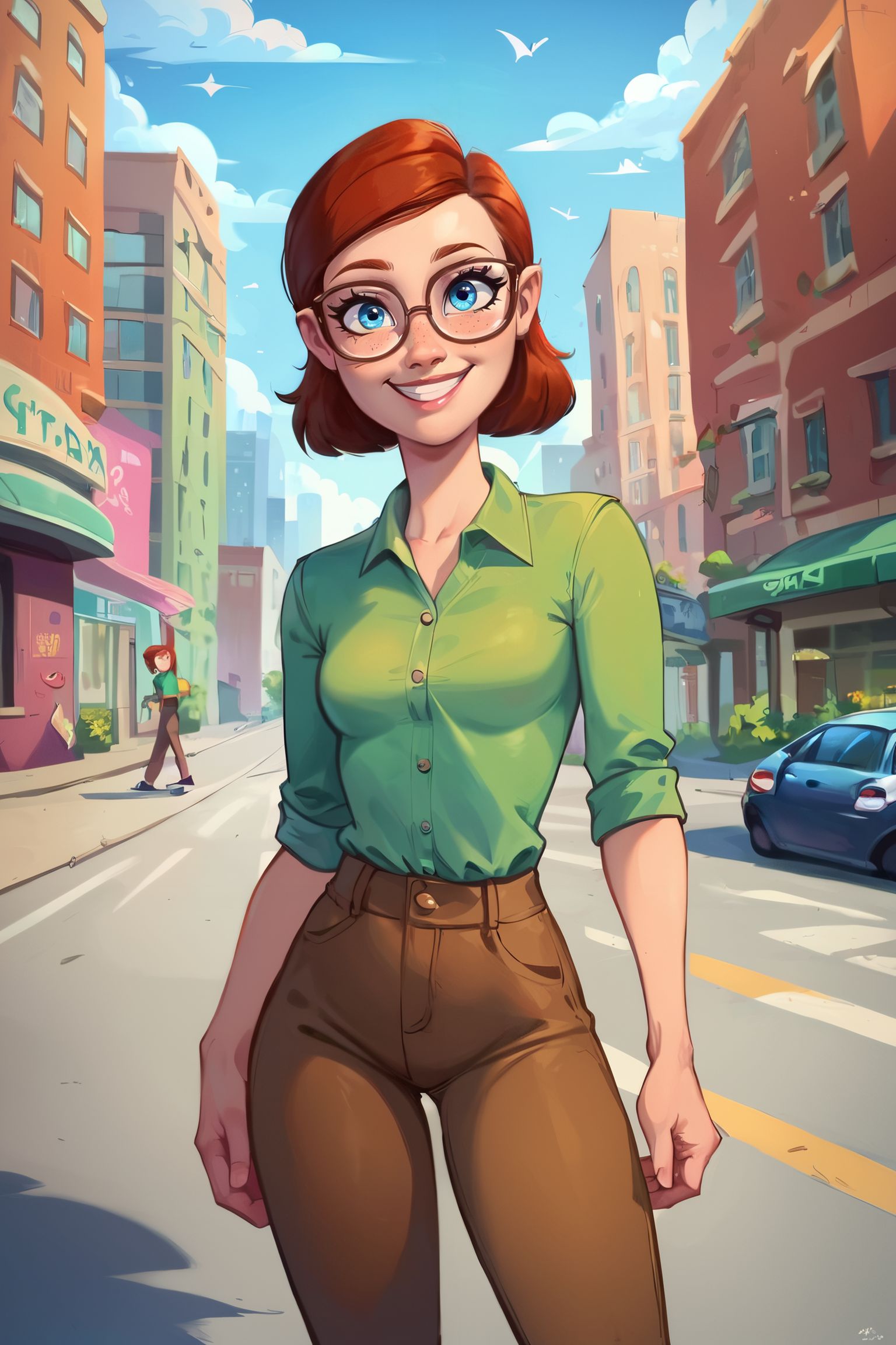 zPDXL2,  <lora:Linda_-_Rio_PonyXL:.8> <lora:CitronAnimeTreasure:.8>
RioLinda,  glasses, blue eyes, small breasts, Auburn hair, green shirt, brown pants, looking at viewer, smiling, standing, outside, city, street, blue sky,