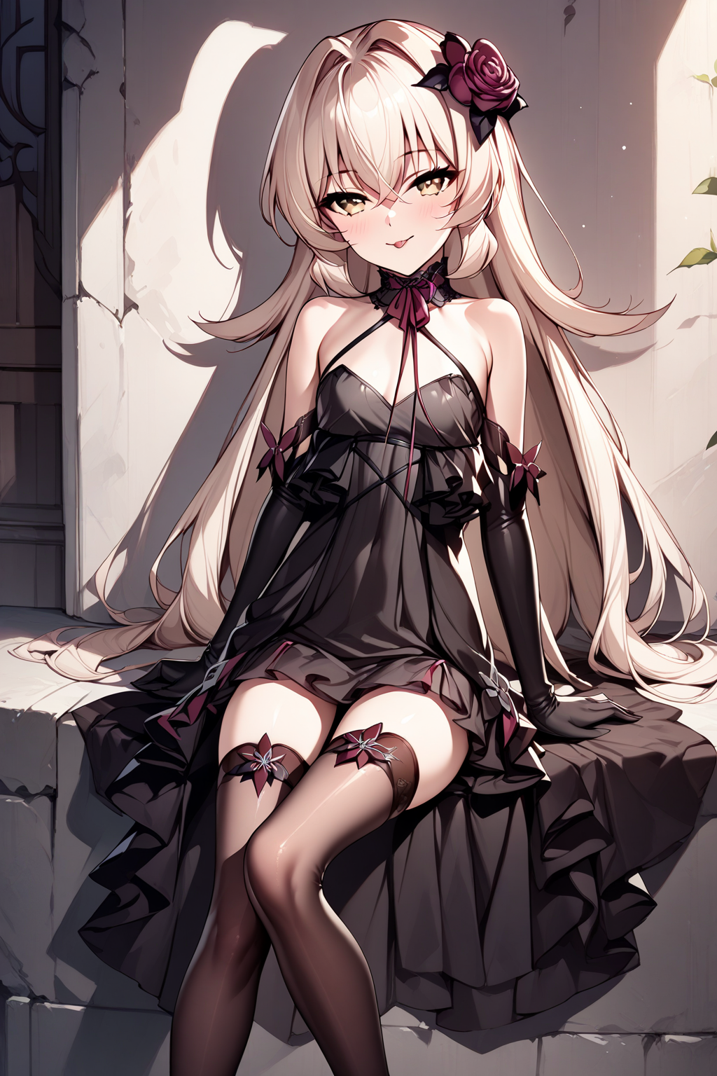 eve meitner, 1girl, thighhighs, long hair, hair ornament, gloves, solo, dress, elbow gloves, tongue out, tongue, flower, hair flower, sitting, seductive smile, leaning on a wall, <lora:XL-EveMeitnerv1.5:1>, (masterpiece),(best quality),(ultra-detailed),(best illustration),(best shadow),(absurdres),(detailed background),(very aesthetic),