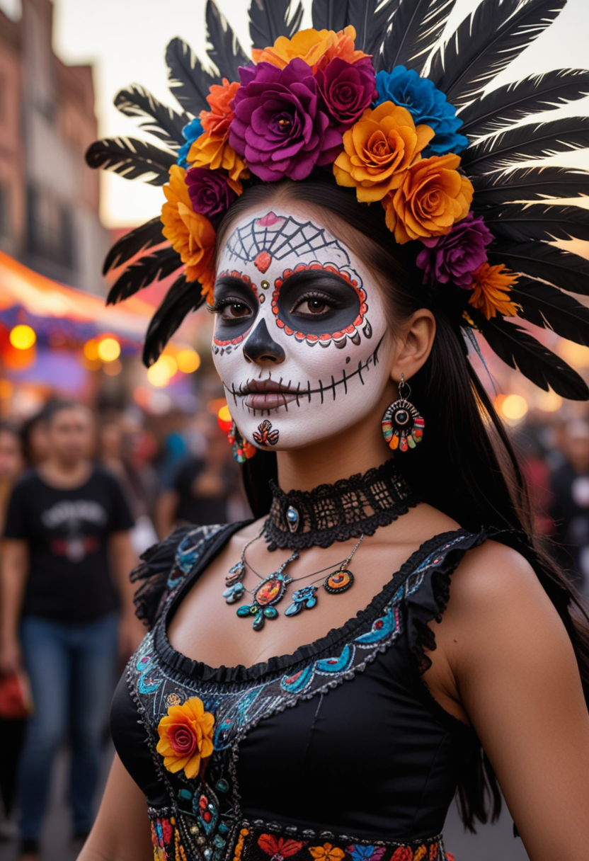 (medium full shot) of (traditional dancer) young woman, wearing a midnight black high-neck top with traditional patterns, elaborate sugar skull face paint, feathered headpiece, set at Dia de Muertos, in  a lively Dia de Muertos parade, with colorful floats, dancing figures, vibrant costumes, enthusiastic crowds, and festive music, during sunset, woman smiling, Masterpiece,best quality, photo, realistic, very aesthetic, detailed face,