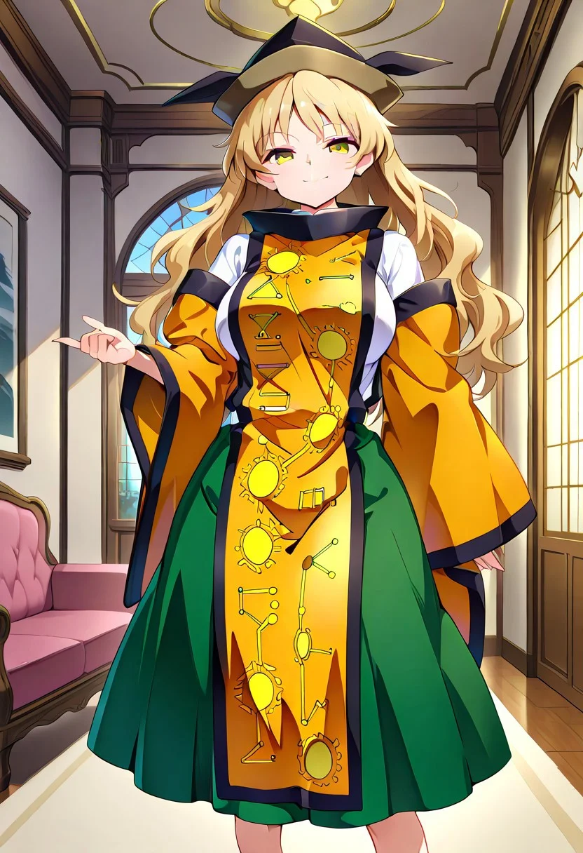 baba style, ((mansion)), ((inside)), ((living room)), 1girl, solo, (tall), (standing), (posing), (looking at viewer), ((large breasts)), smile, matara okina, ((yellow eyes)), blonde hair, long hair, hat, white shirt, tabard, green skirt, constellation print, long sleeves, detached sleeves, legs