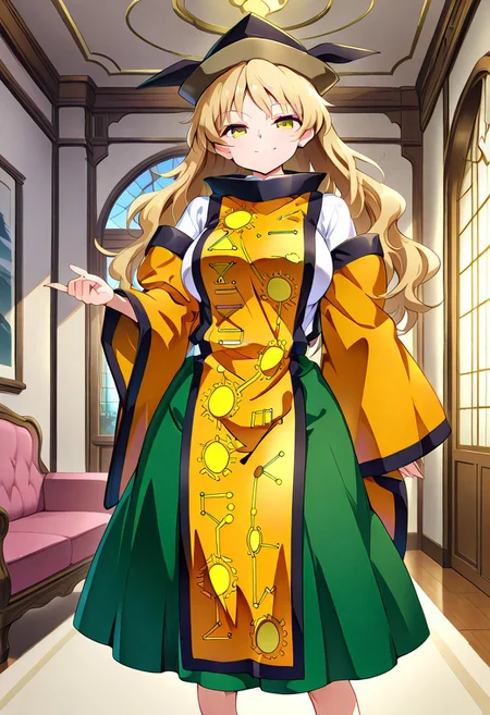 baba style, ((mansion)), ((inside)), ((living room)), 1girl, solo, (tall), (standing), (posing), (looking at viewer), ((large breasts)), smile, matara okina, ((yellow eyes)), blonde hair, long hair, hat, white shirt, tabard, green skirt, constellation print, long sleeves, detached sleeves, legs
