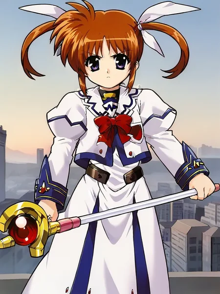 <lora:Nanoha_Takamachipony:1>
1girl, solo, takanano, magical girl, brown hair, twintails, purple eyes, standing, city, holding, staff, serious, dynamic pose