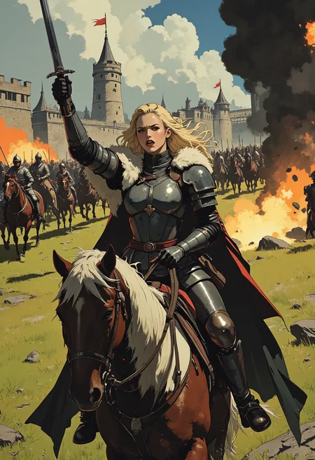 Image is an over the shoulder, close up shot featuring a female knight characters leading her troops into battle. She's clad in heavy fantasy 
 corset armor with a fur cloak and matching long gloves and thigh high boots. She's riding on horseback pointing a sword forward, ordering her men to charge. Her expression is angry and yelling. The background is of the inside of a fantasy castle, trebuchets firing rocks, grassy plain, army of knights on horseback charging,