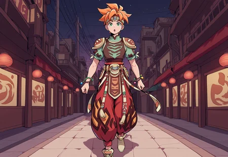 masterpiece, best quality, amazing quality, very aesthetic, absurdres, newest, terranigmark, 1boy, toned male, spiky orange hair, pauldrons with faces, jeweled headband, print shirt, green sleeves, bracelets, belt with dangling straps, red baggy pants, shoes, china, (((factories))), (((outdoors))) ((((smog))), dark backdrop, (((walking)))