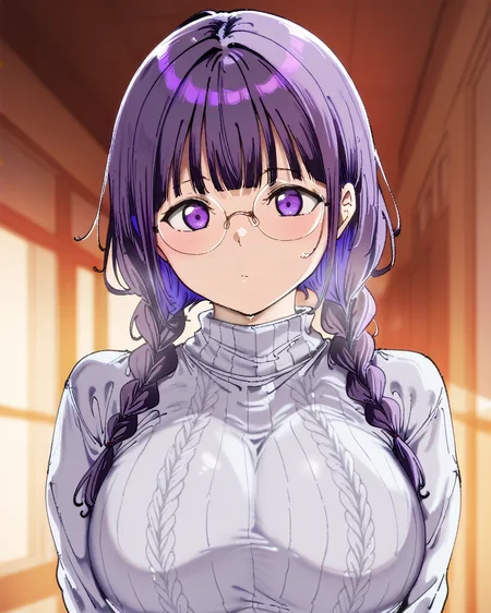 1girl,twin braids,blunt bangs,purple hair,purple eyes,big breasts,pullover_sweaters,school_uniform,rimless_eyewear,round_eyewear,masterpiece,absurdres,very aesthetic,best quality,complicated details,stunning photos,32k,20_years_old,<lora:Alp:1>,alp,bunches,portrait,
