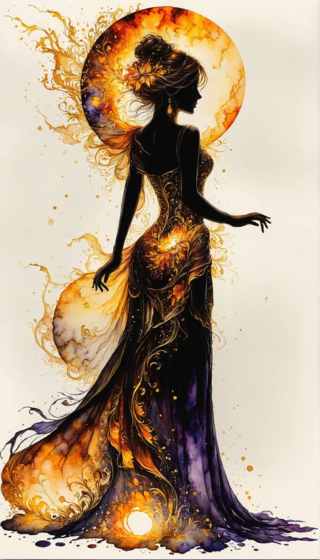 Silhouette Art, breathtaking (realistic FaeTastic extravaganza alcohol ink sketch). amazing, lovely, awe-inspiring, mesmerizing, radiant, magnificent, luxurious, fine, detailed, masterpiece. (all dark hues and fine vibrant orange glowing smoldering accent and shiny gold color scheme:1.02). glossy. full length shot.
<lora:InkArtXL_1.2:0.4> <lora:FaeTastic:0.39> . award-winning, professional, highly detailed . extremely high-resolution details, photographic, realism pushed to extreme, fine texture, incredibly lifelike, high contrast, well defined .