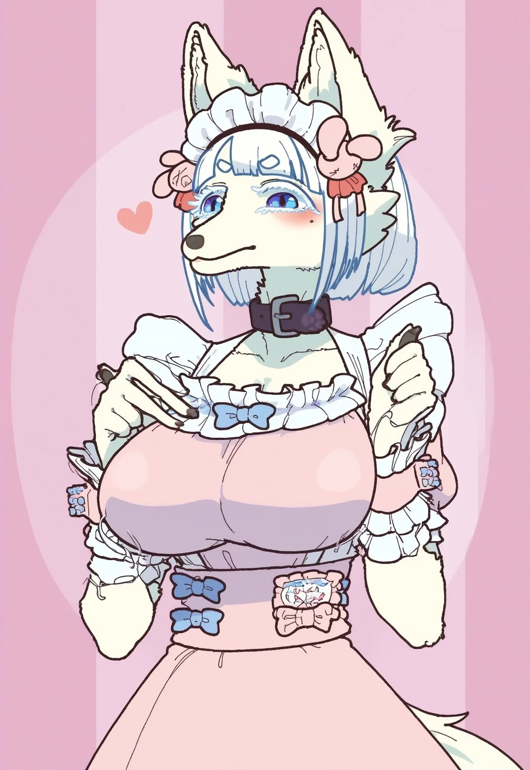 safe_pos, safe_pos, score_9, score_8_up, score_8. score_9, score_8_up, score_7_up, score_6_up, masterpiece, 4k, high quality, (best quality:1.1), ExpressiveH,
BREAK
1girl, dress, breasts, wrist cuffs, collarbone, happy, puffy sleeves, mole under eye, blue eyes, looking at viewer, facing viewer, front viee, angry, fox ears, closed mouth, frills, body fur, furry female, animal nose, pink dress, black glooves, hearts, heart fingers, tail, white hair, blue hair, blunt bangs, furry, animal ears, huge breasts, Arching back, (from chest up), bouncing breasts, pink background, portait, cute, blushing
